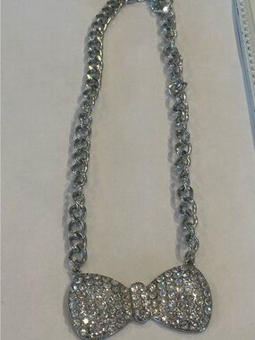 Bold Silver Crystal Bow Statement  Necklace Women Jewelry